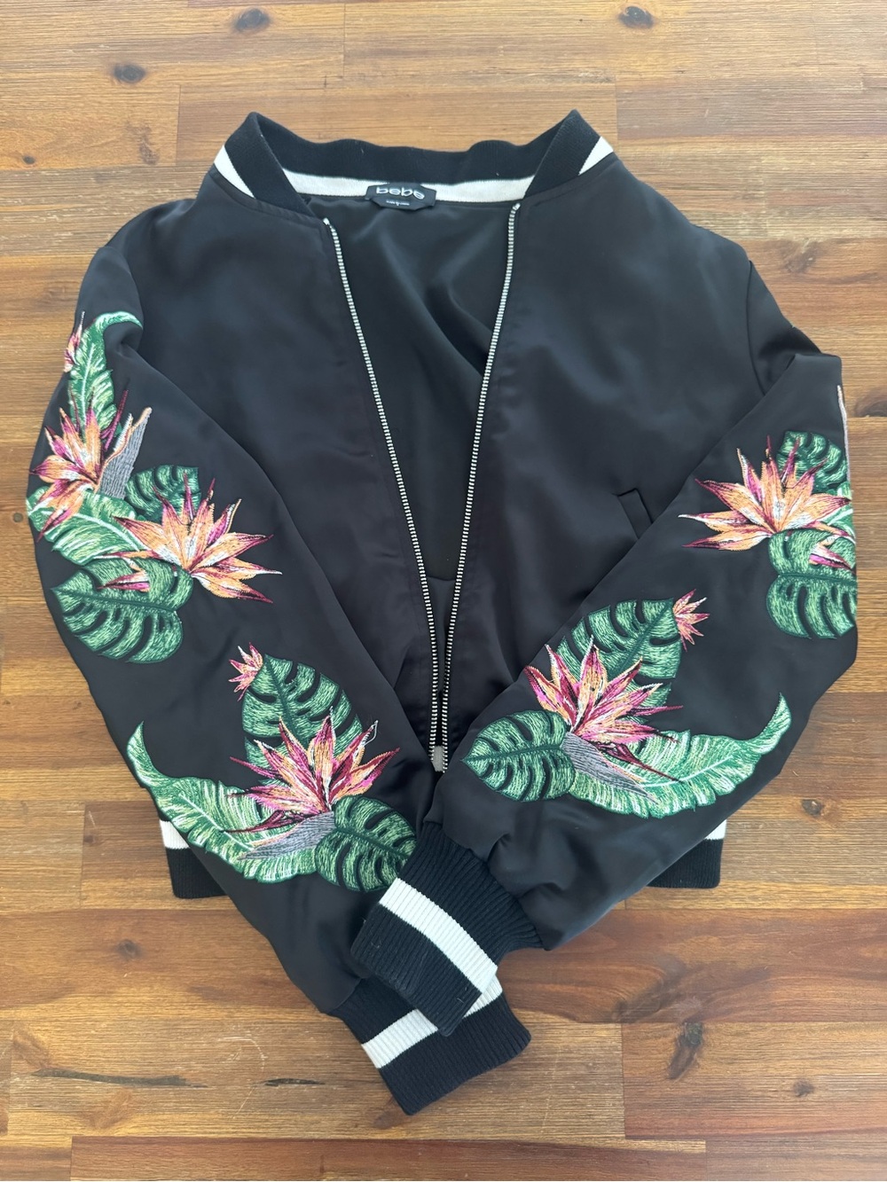 bebe Black Bomber Y2K Jacket with Embroidered Sleeves